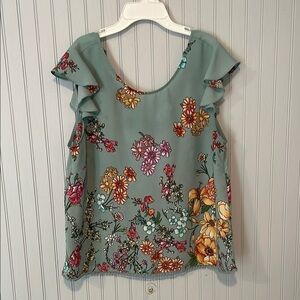 Twine & String Ruffled Sage Green Floral Flutter Sleeve Blouse | XL JRS